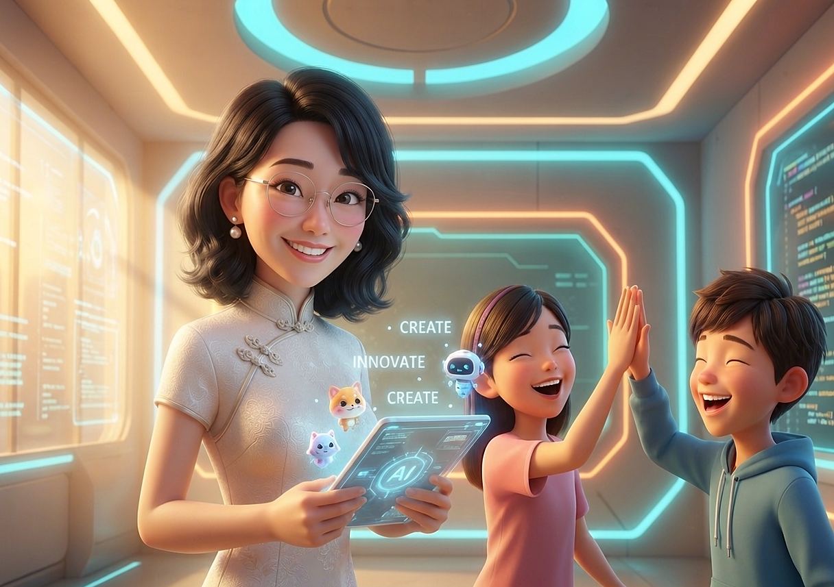 3D cartoon style hero: warm Chinese teacher in cheongsam with holographic AI tablet, two joyful students high-fiving, futuristic tech classroom