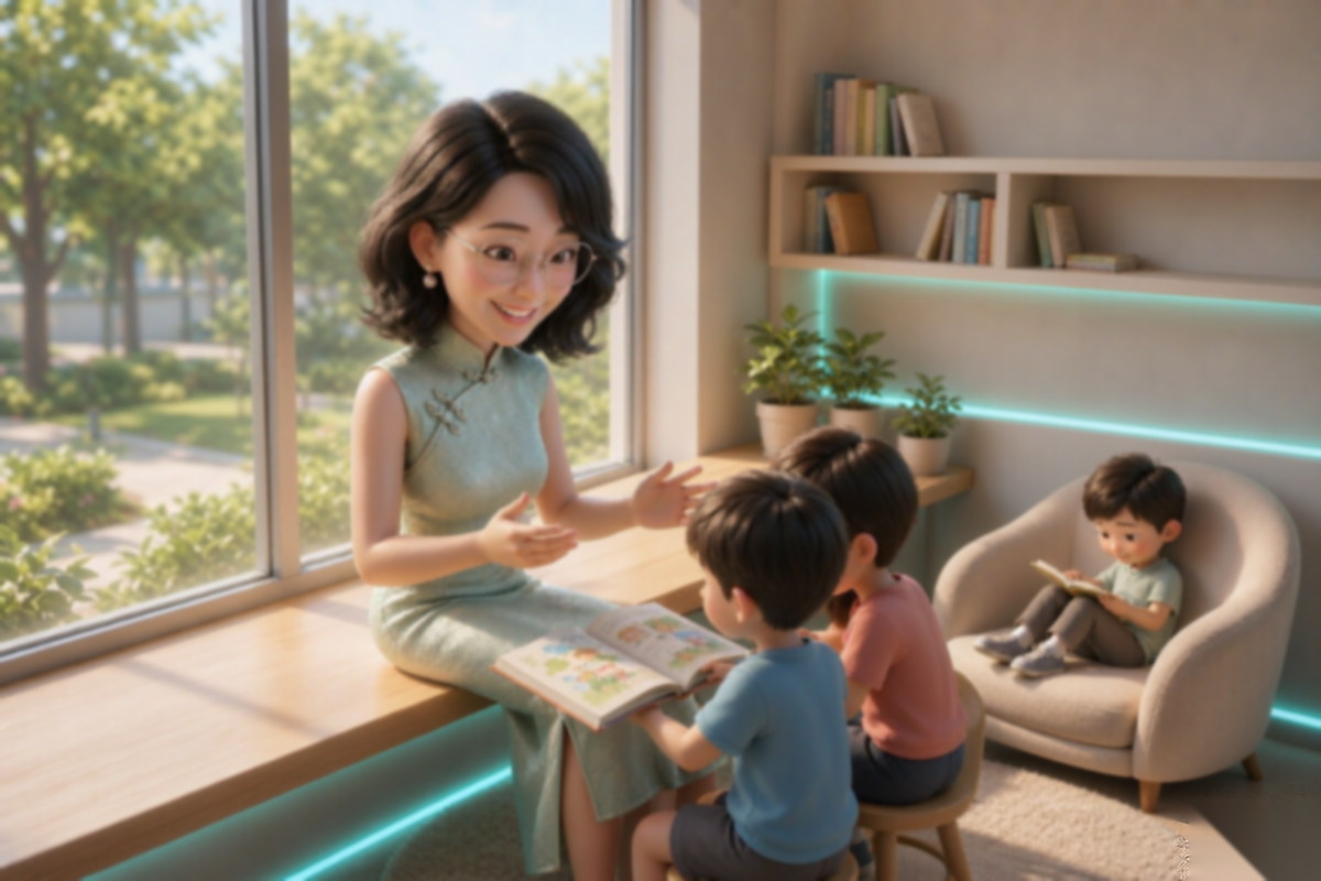 3D cartoon style: warm Chinese teacher in a celadon green sleeveless qipao sitting on a window sill, explaining an open picture book to two elementary school students while a third child reads in an armchair, bright modern reading space with campus greenery outside