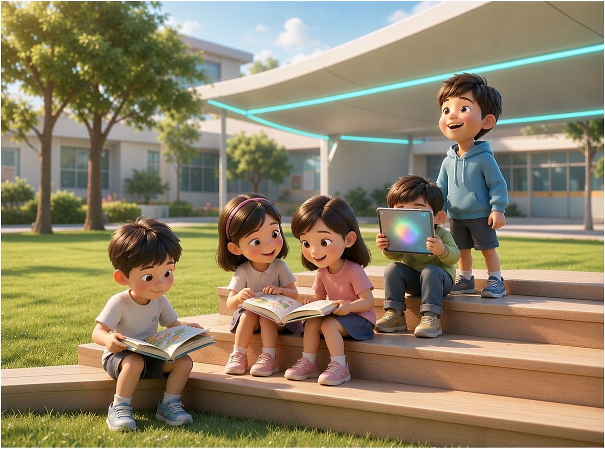 3D cartoon style: five Chinese elementary school children relaxing on outdoor wooden steps in a sunny campus courtyard — two girls sharing an open picture book, a boy reading on the left, another boy holding a glowing tablet, one boy standing and smiling — green lawn and modern school building behind